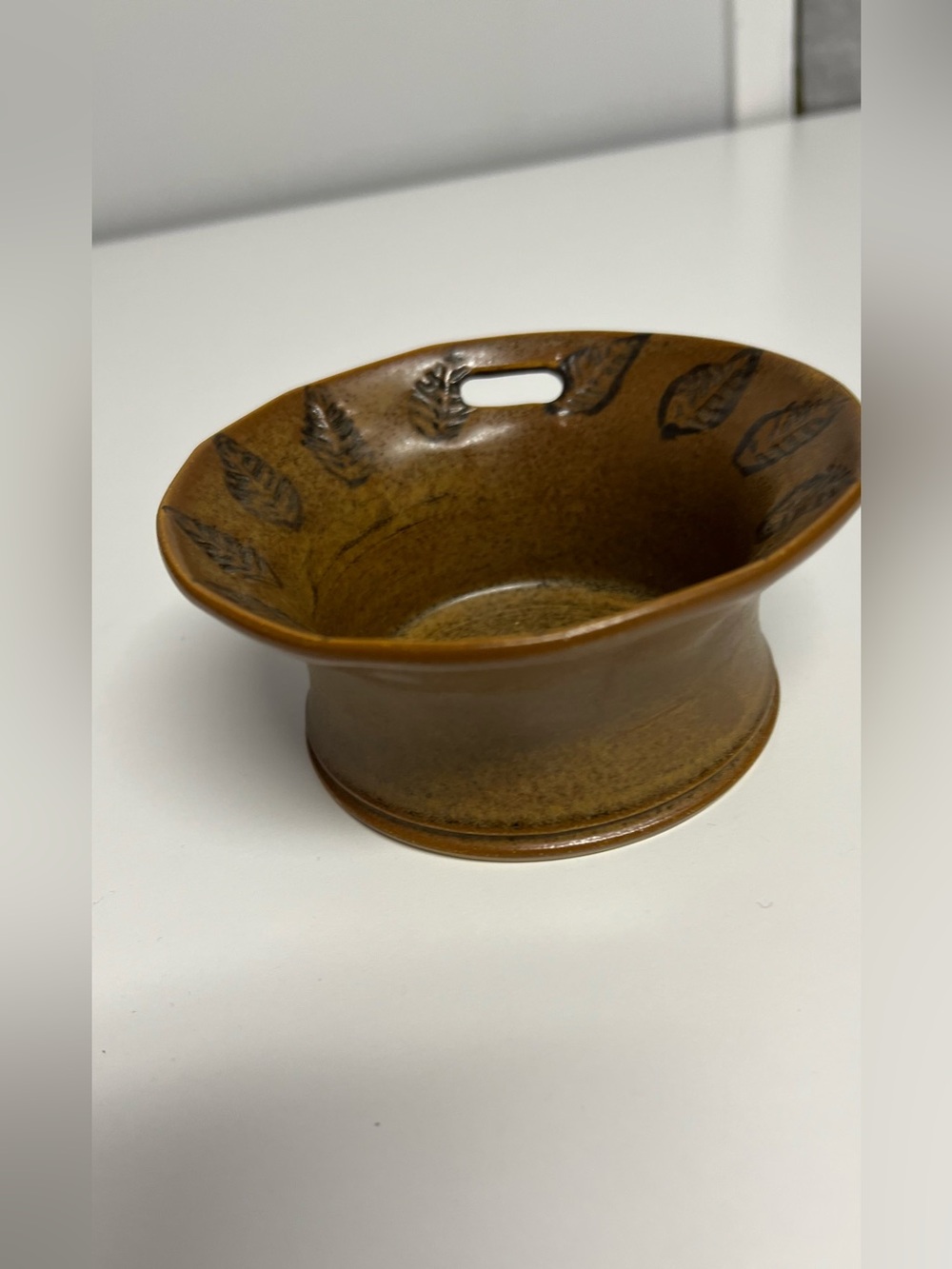 Handcrafted Brown Ceramic Bowl with Leaf Motif